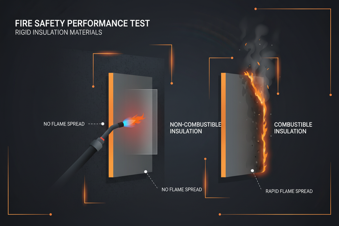 Non-combustible ThermBoard rigid insulation fire safety test