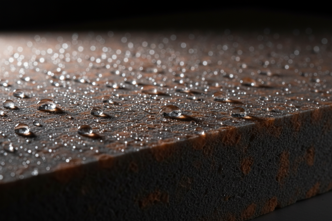 Water droplets on ThermBoard rigid insulation showing moisture resistance