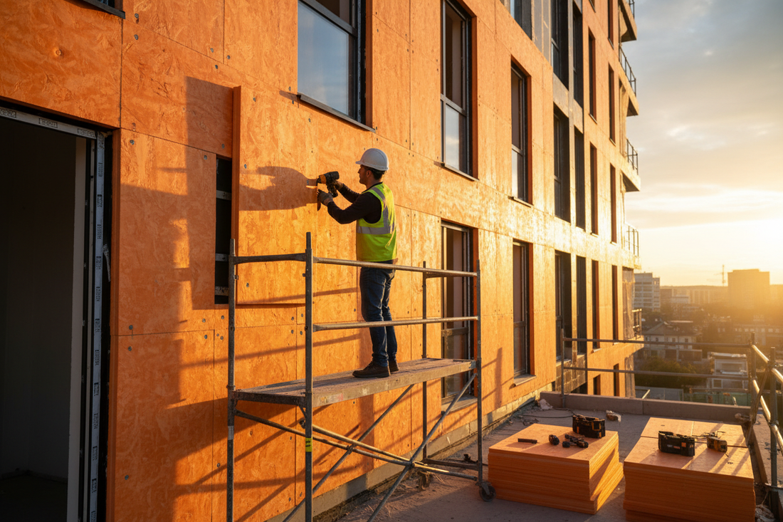 Worker installing ThermBoard rigid insulation boards on exterior wall